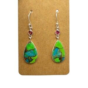 Kingman Green Turquoise Garnet Earrings Solid 925 Sterling Silver Dangle Drop
